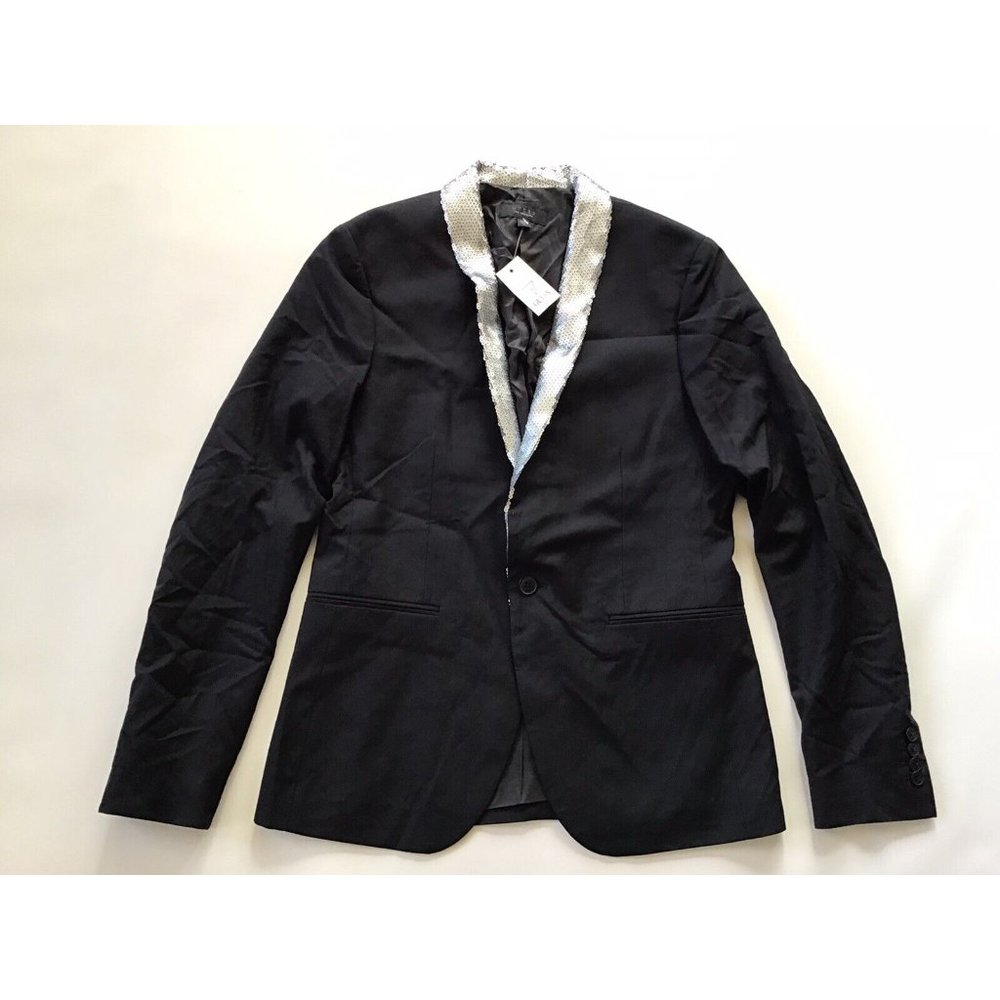 Guess Men’s Classic Blazer Slim Fit In Black WITH Silver Sequins Details Size M